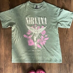 H&M Sage Green Tee with Pink Graphic